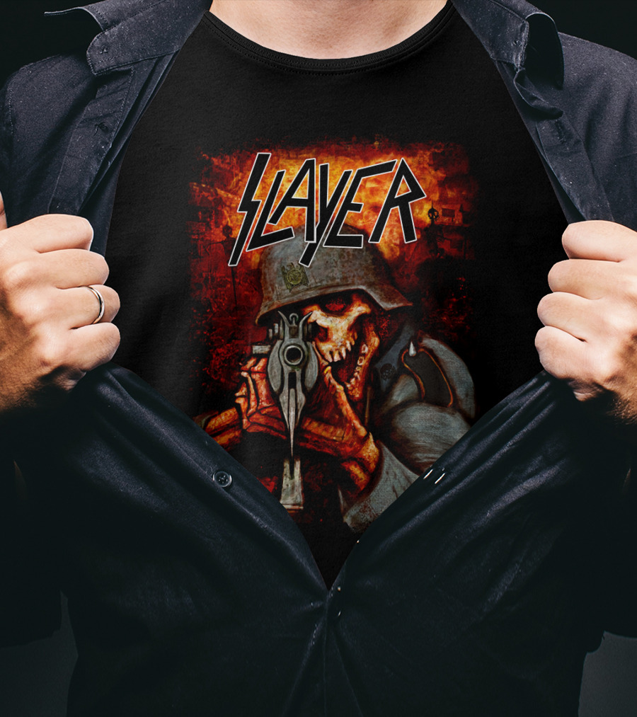 Slayer Hellish Soldier Skeleton Aiming Gun Blaze T-Shirt