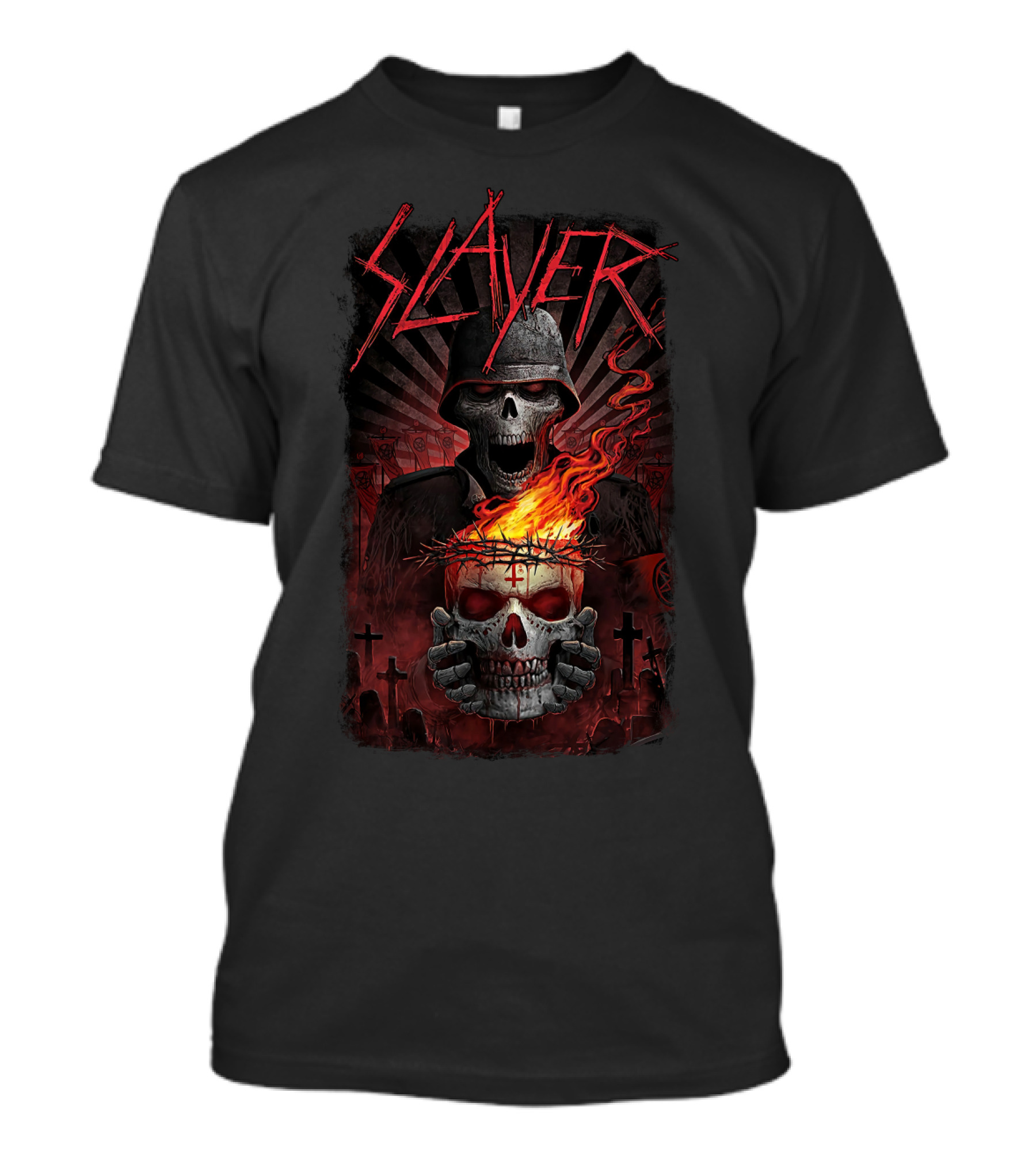 Slayer Skull Soldier With Fiery Crown And Crosses T-Shirt