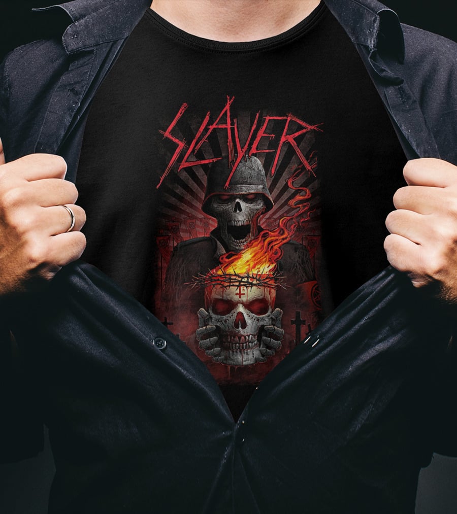 Slayer Skull Soldier With Fiery Crown And Crosses T-Shirt