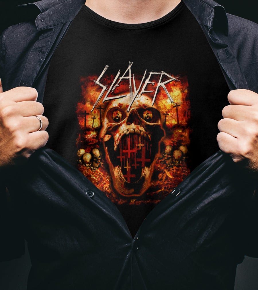 Slayer Skull Flames Crosses Metal Band Art T-Shirt
