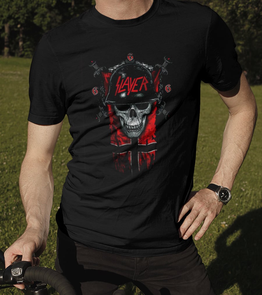 Slayer Skull Helmet Swords And Red 666 Banner T-Shirt