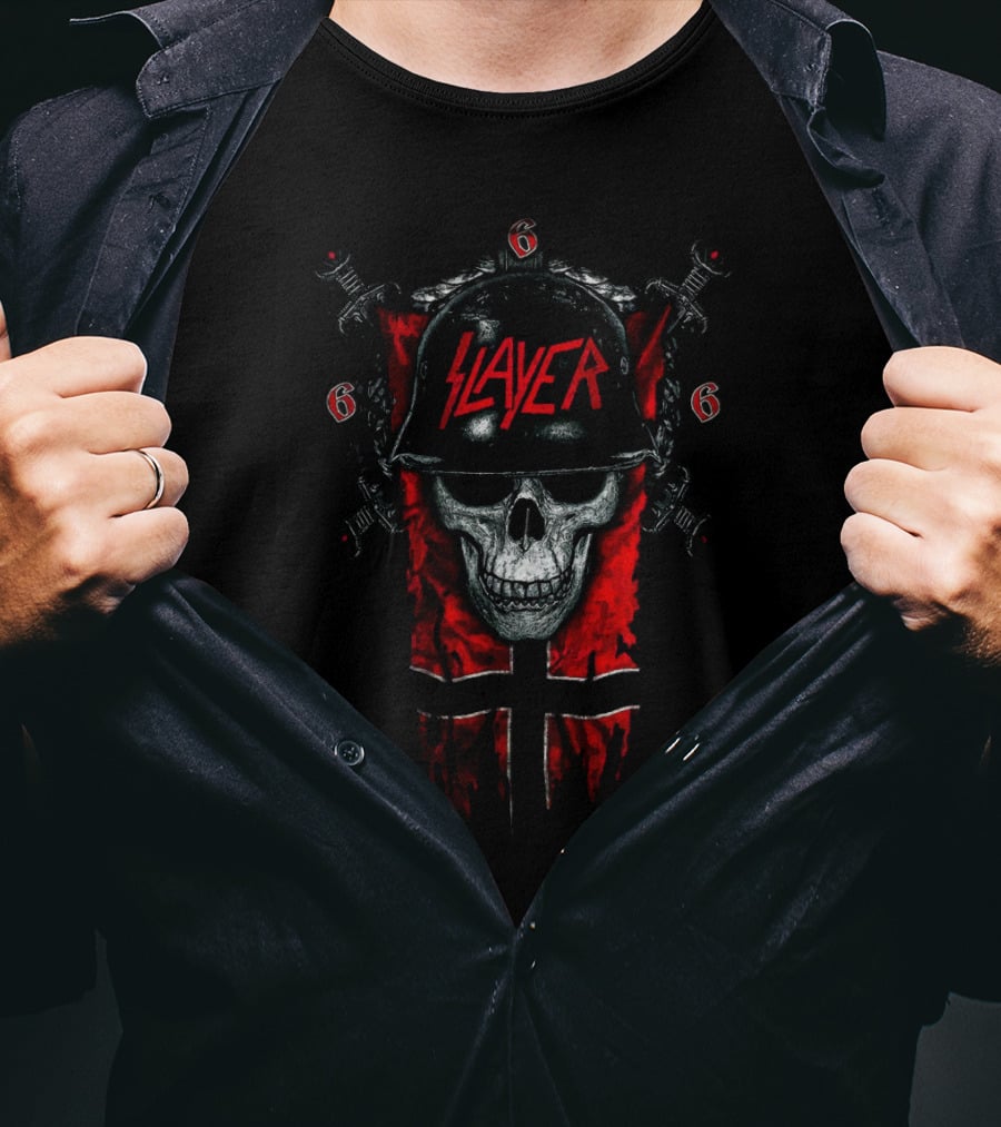 Slayer Skull Helmet Swords And Red 666 Banner T-Shirt