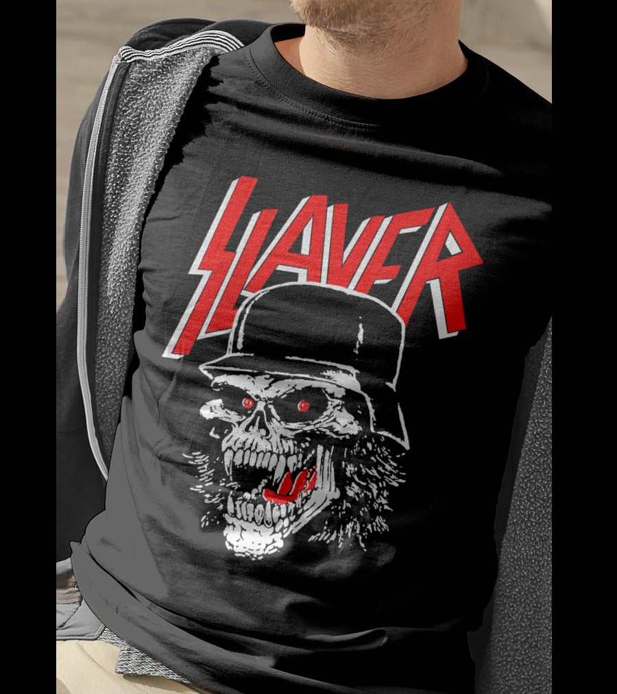 Slayer Skull With Helmet And Red Eyes T-Shirt
