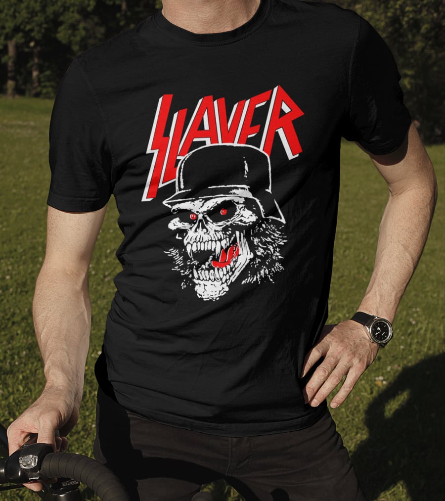 Slayer Skull With Helmet And Red Eyes T-Shirt
