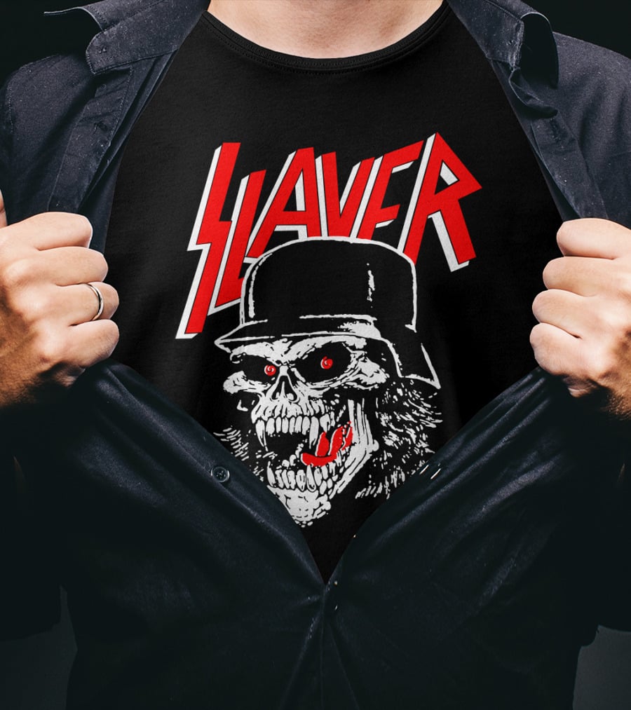 Slayer Skull With Helmet And Red Eyes T-Shirt