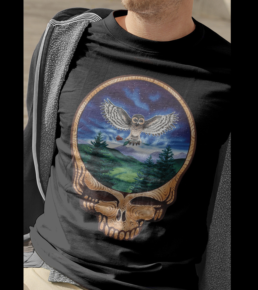 Grateful Dead Steal Your Face Owl In Night Sky Forest Scene T-Shirt