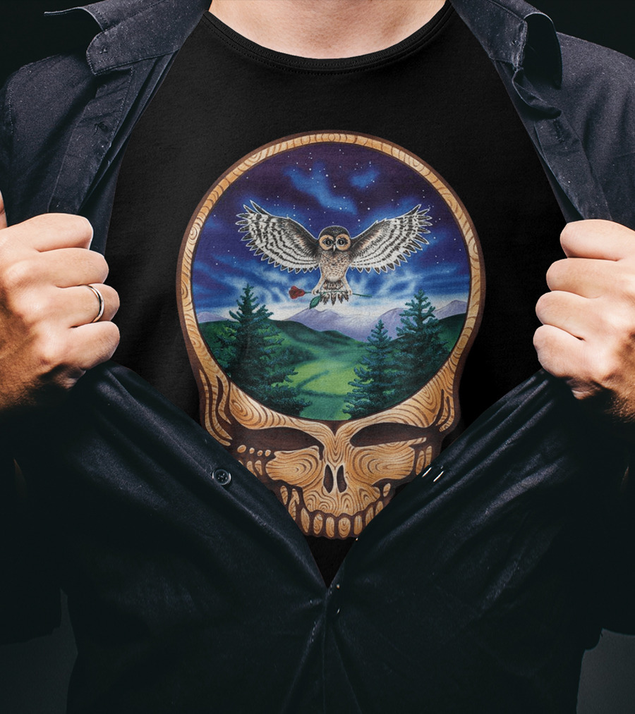 Grateful Dead Steal Your Face Owl In Night Sky Forest Scene T-Shirt