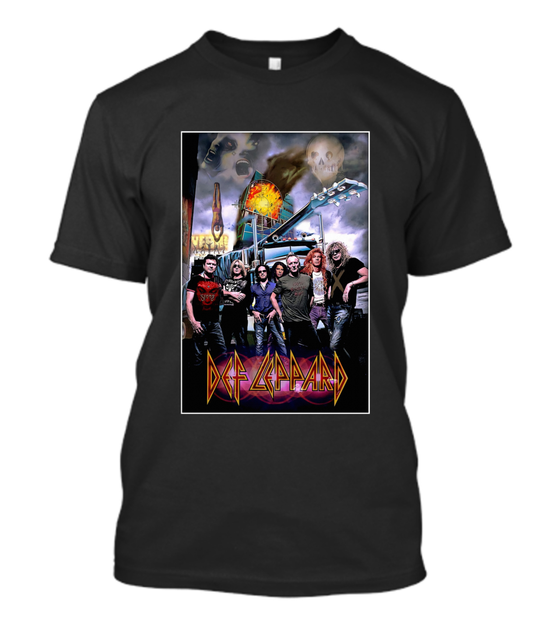 Def Leppard Band Imagery With Skull And Guitar Scene T-Shirt