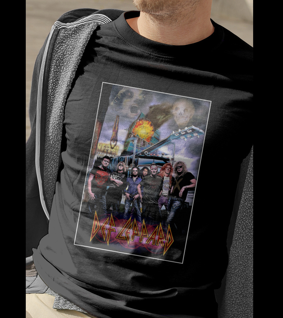Def Leppard Band Imagery With Skull And Guitar Scene T-Shirt