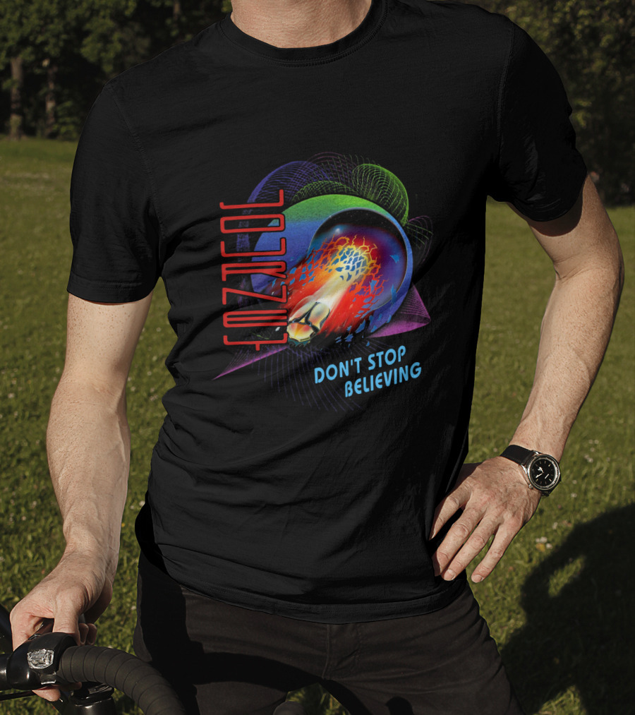 Journey Don't Stop Believing Text With Fiery Planet And Geometric T-Shirt