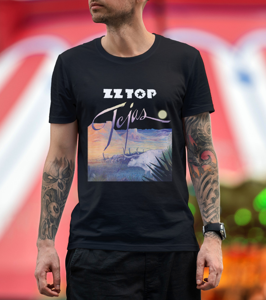Zz Top Tejas Desert Scene With White Longhorn Under Moon T-Shirt