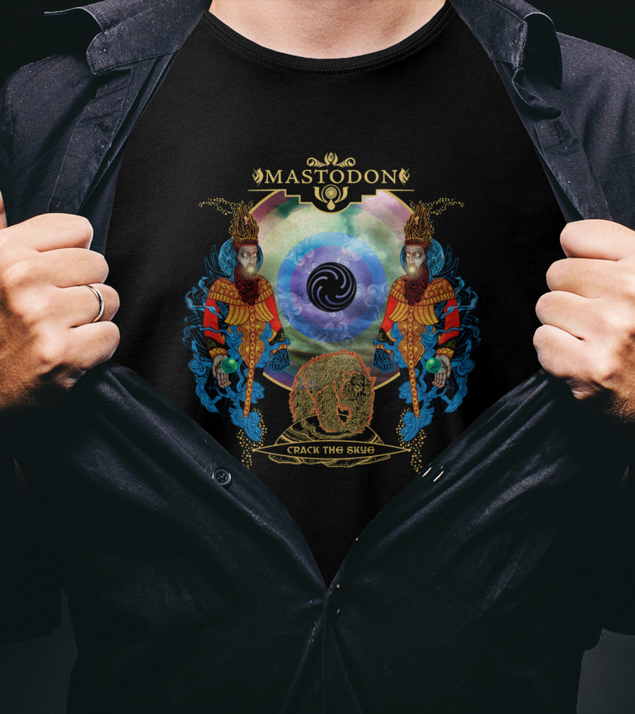 Mastodon Crack The Skye Psychedelic Album Art With Cosmic Figures And Spiral Symbol T-Shirt