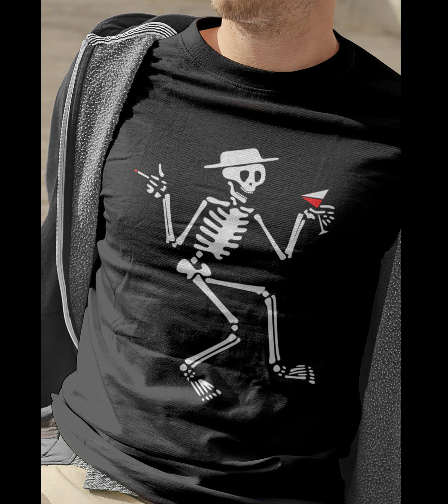 Sd 28 Dancing Skeleton With Hat Smoking Cigarette And Holding Cocktail T-Shirt