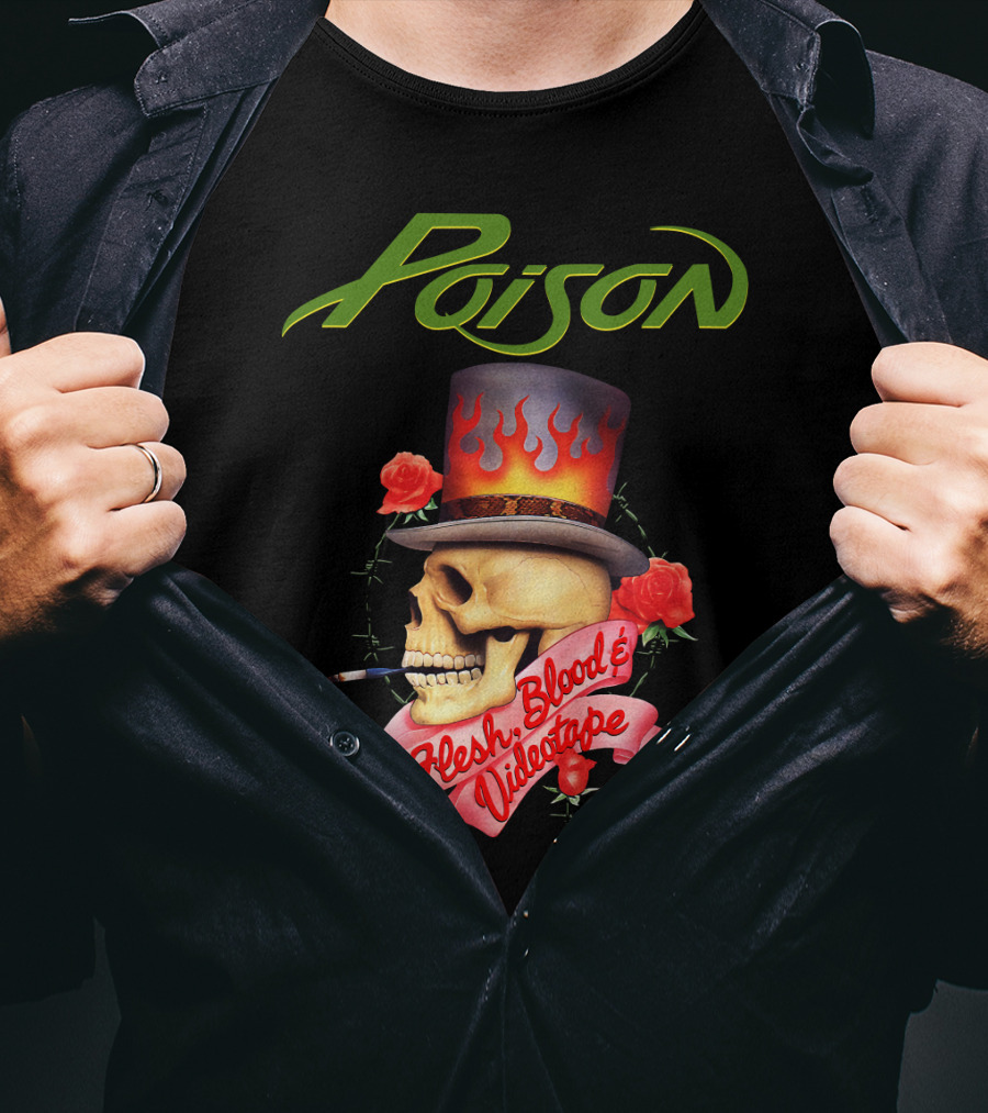 Poison Flesh Blood & Videotape Skull With Roses And Cigarette T-Shirt