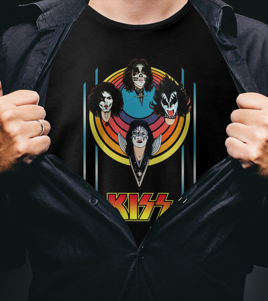 Kiss Band Iconic Faces With Colorful Stripes Retro Style T-Shirt
