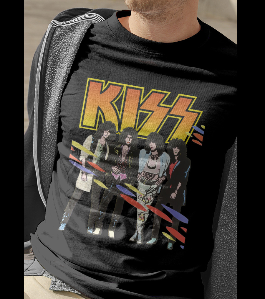 Kiss Band Retro Look With Colorful Stripes T-Shirt