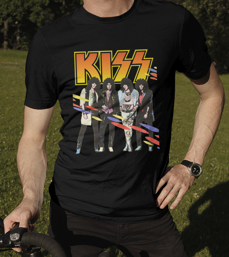 Kiss Band Retro Look With Colorful Stripes T-Shirt