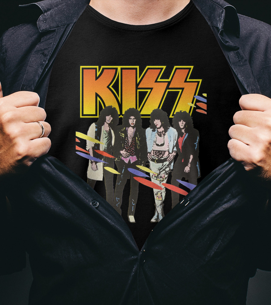 Kiss Band Retro Look With Colorful Stripes T-Shirt