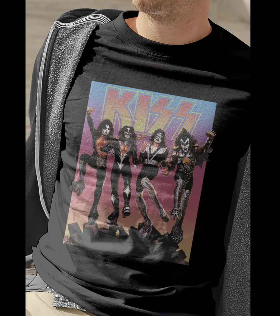 Kiss Band Characters With Bold Logo And Colorful T-Shirt