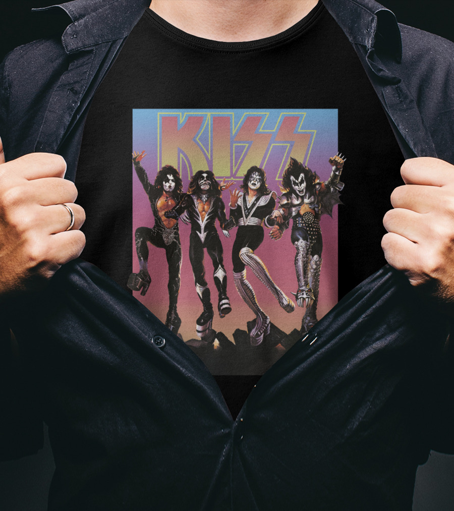 Kiss Band Characters With Bold Logo And Colorful T-Shirt