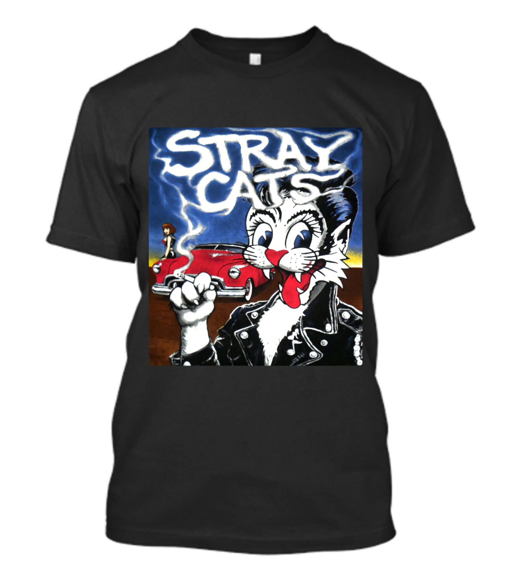 Stray Cats Rockabilly Band Retro Art With Cat Smoking In Leather Jacket T-Shirt
