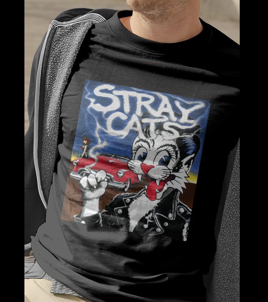 Stray Cats Rockabilly Band Retro Art With Cat Smoking In Leather Jacket T-Shirt