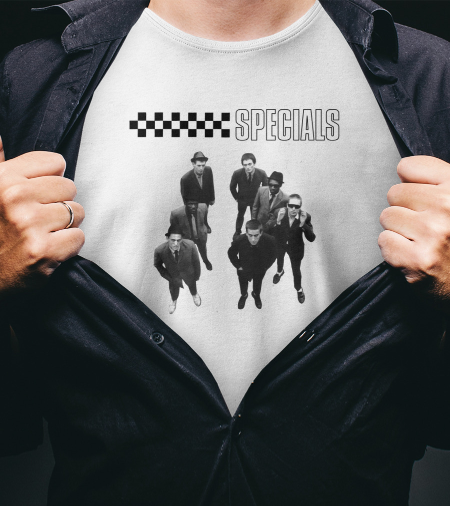 The Specials 2 Tone Ska Band Black-And-White Group Photo With Checkered T-Shirt