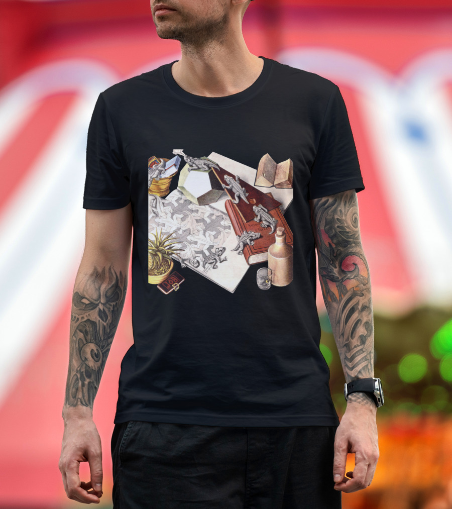 M.c. Escher 1988 Reptiles Optical Illusion Morphing Creatures Book And Geometric Patterns T-Shirt