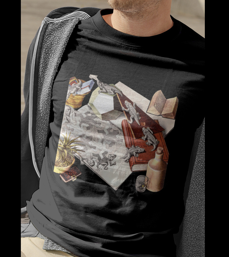 M.c. Escher 1988 Reptiles Optical Illusion Morphing Creatures Book And Geometric Patterns T-Shirt