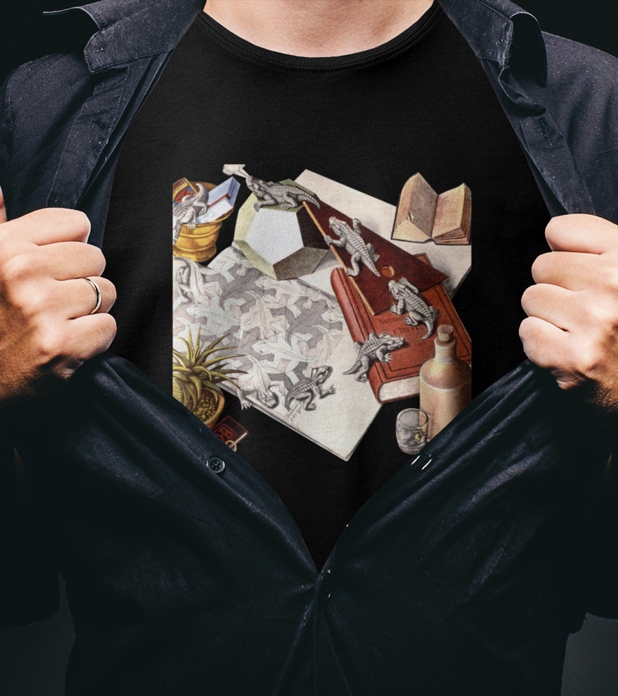 M.c. Escher 1988 Reptiles Optical Illusion Morphing Creatures Book And Geometric Patterns T-Shirt