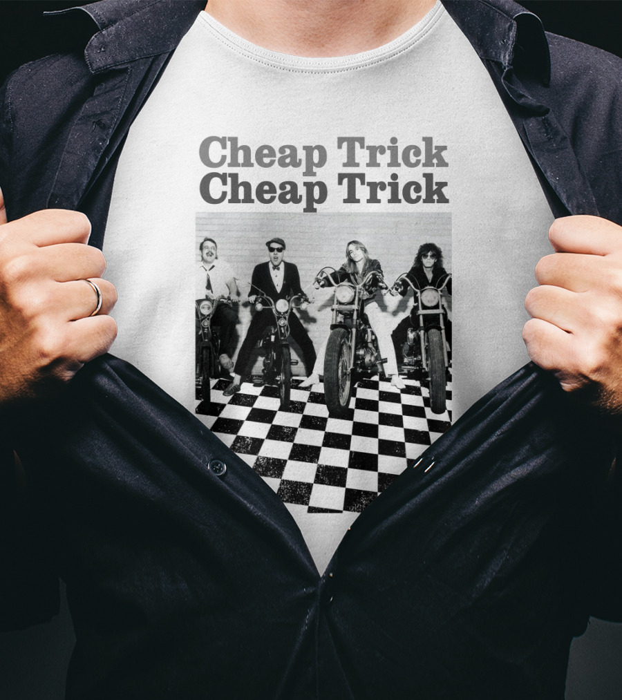 Cheap Trick Band Vintage Motorcycle Checkerboard T-Shirt