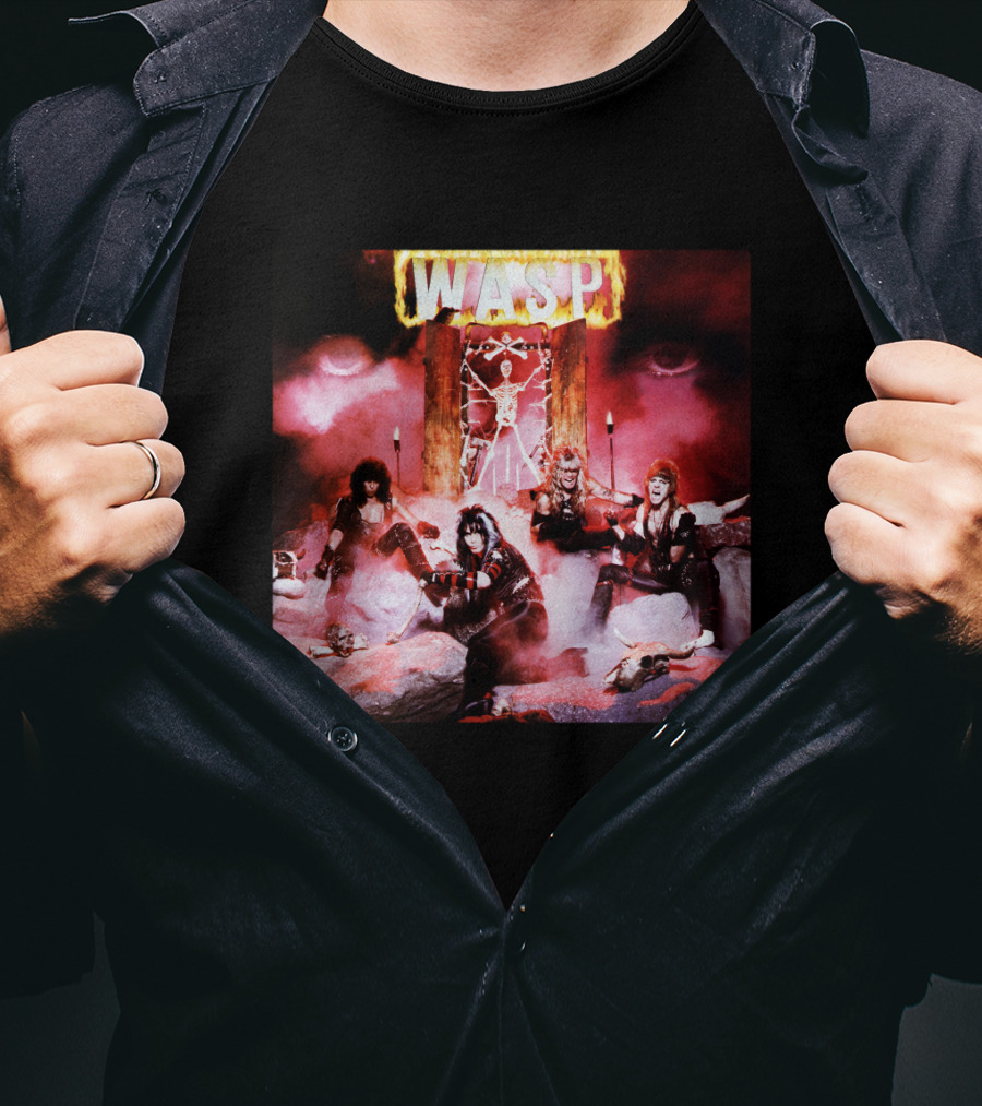 Wasp Burning Cross Skull Imagery Band Poster T-Shirt