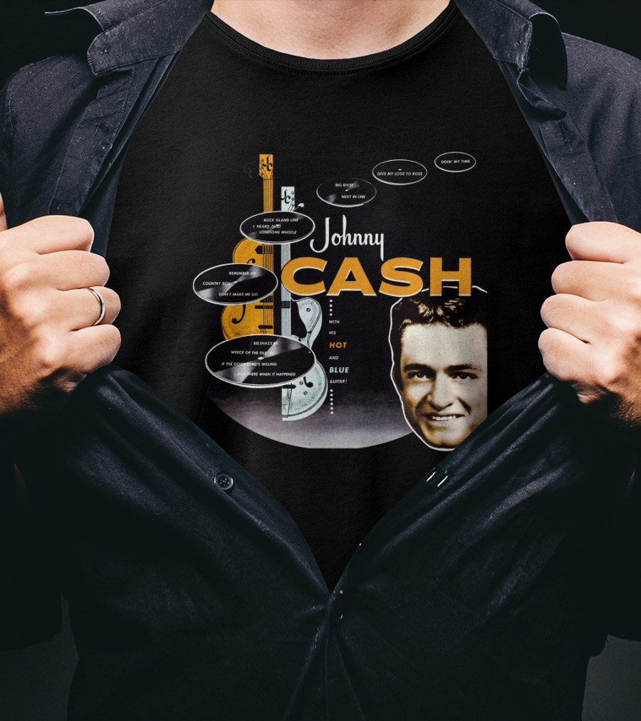 Johnny Cash Man In Black Hot And Blue Guitar Songs T-Shirt