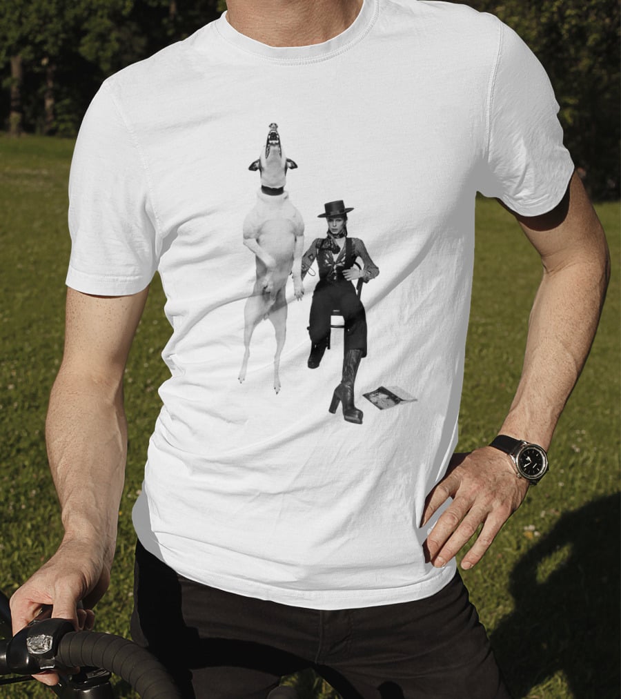High Jumping Dog And Stylish Figure In Western Attire T-Shirt