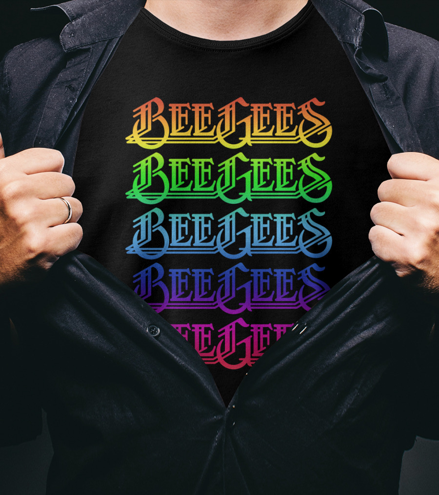Bee Gees Rainbow Text Multi-Color Typography T-Shirt