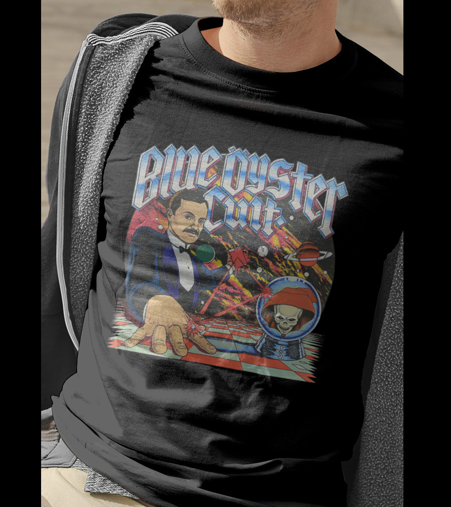 Blue Öyster Cult Science Fiction Cosmic Man And Alien Skull Planets T-Shirt
