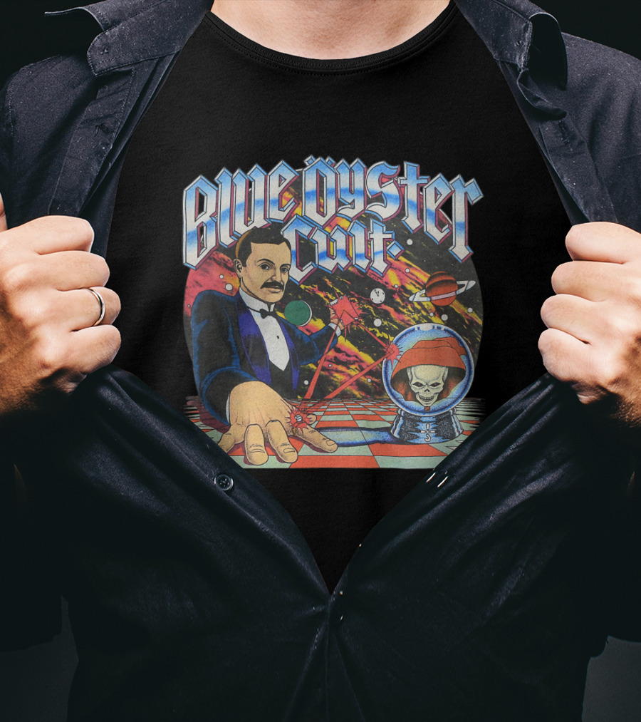 Blue Öyster Cult Science Fiction Cosmic Man And Alien Skull Planets T-Shirt