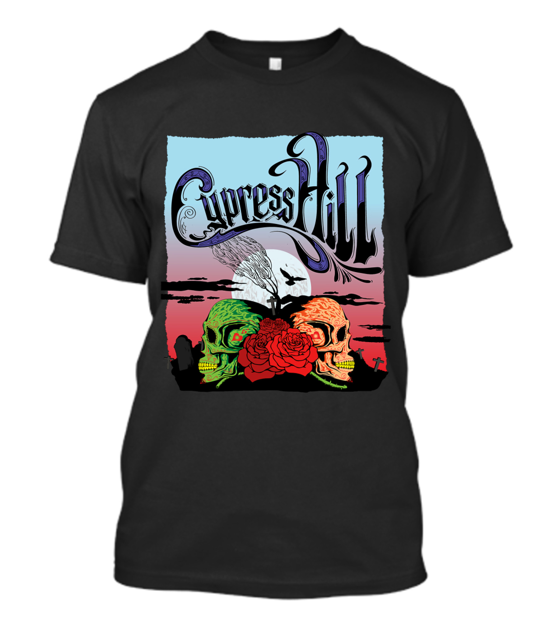 Cypress Hill Two Skulls And Roses With Moon And Raven T-Shirt