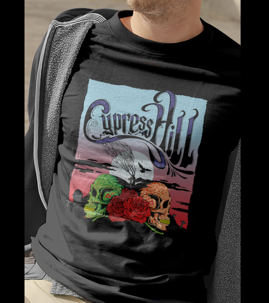 Cypress Hill Two Skulls And Roses With Moon And Raven T-Shirt