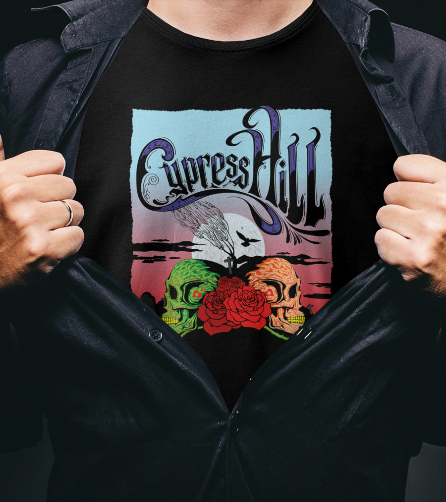 Cypress Hill Two Skulls And Roses With Moon And Raven T-Shirt