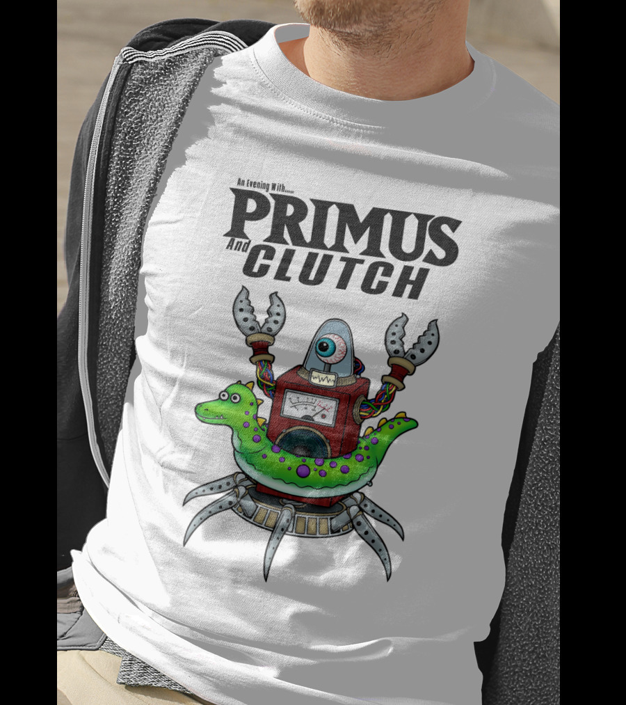 An Evening With Primus And Clutch Robot Monster With Alligator Alien Creature T-Shirt