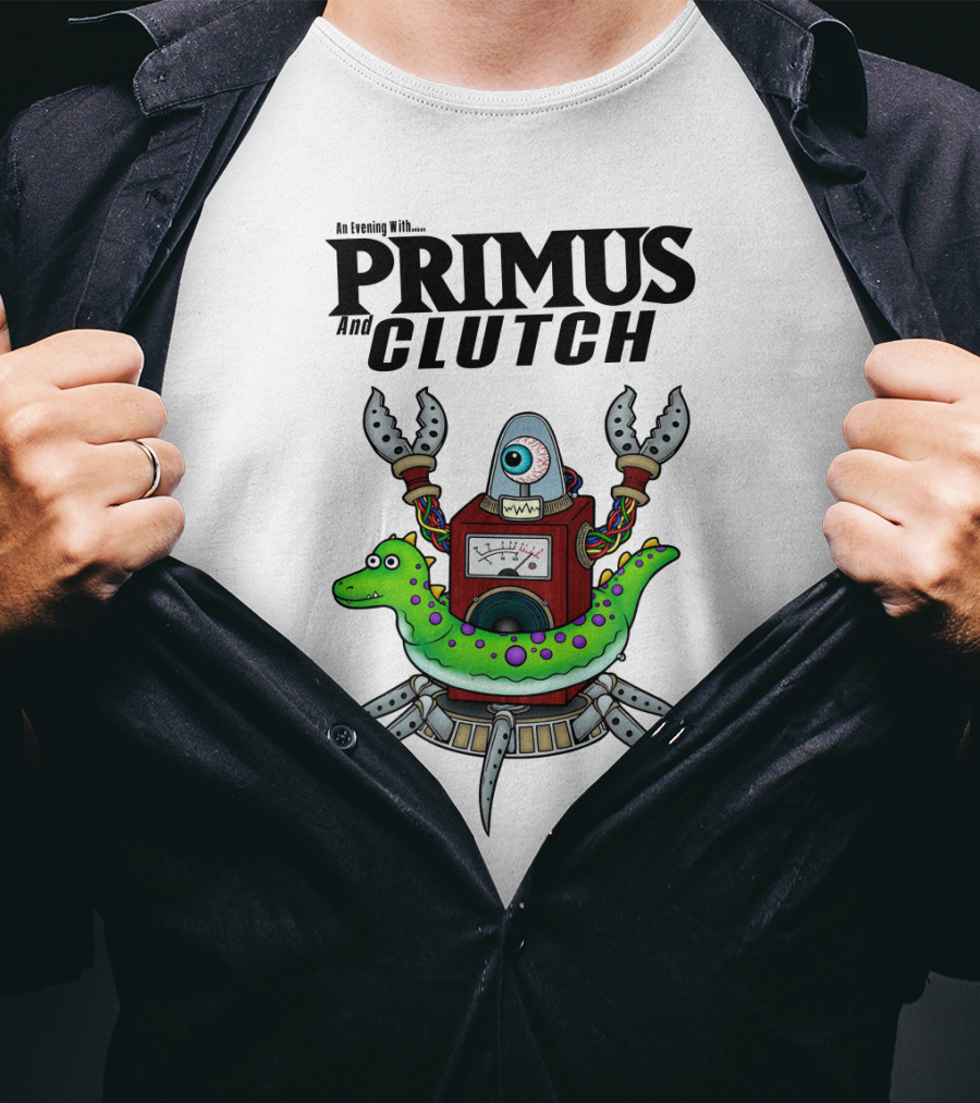 An Evening With Primus And Clutch Robot Monster With Alligator Alien Creature T-Shirt