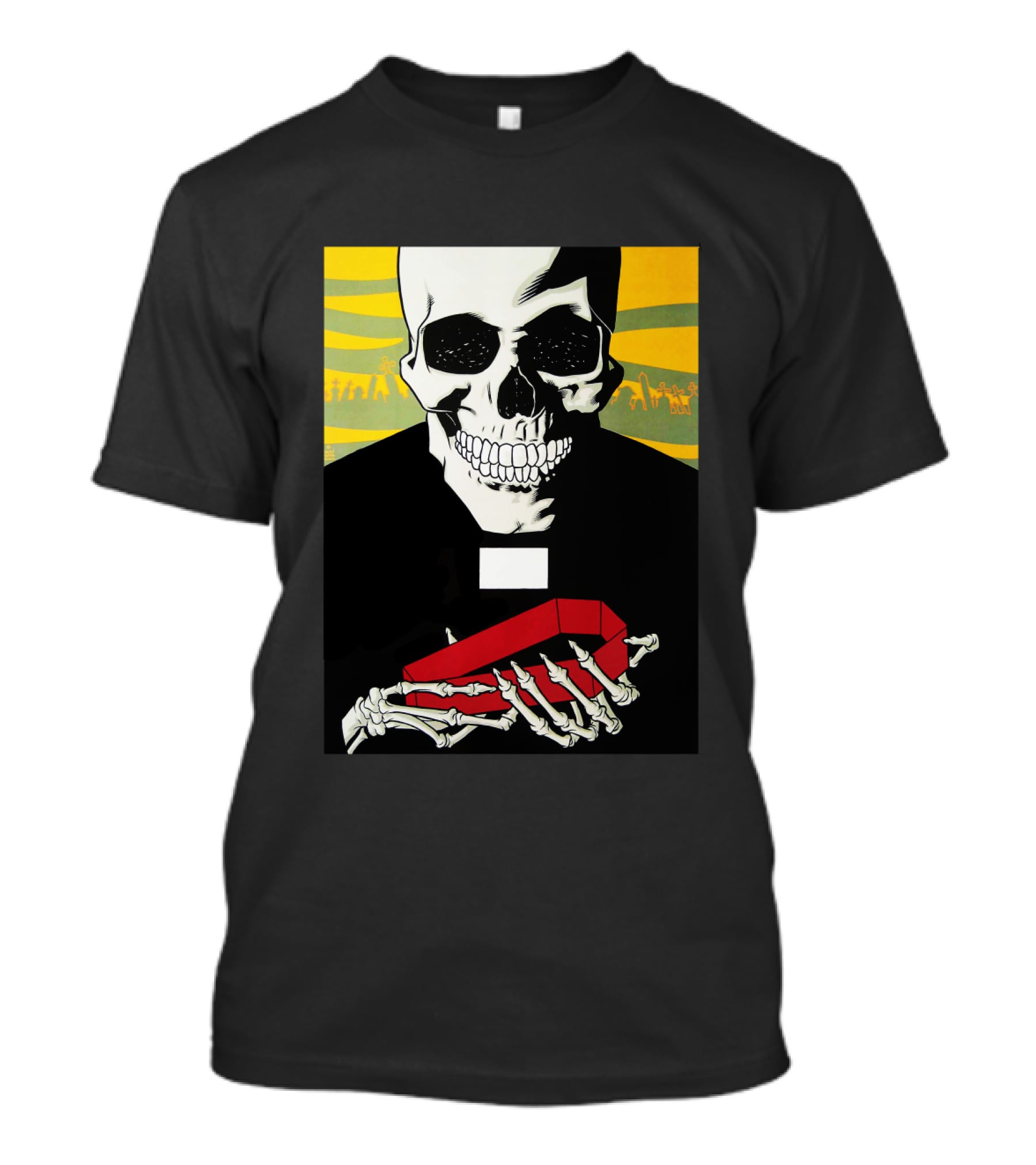 Bold Skeleton With Red Coffin On Striped Yellow T-Shirt