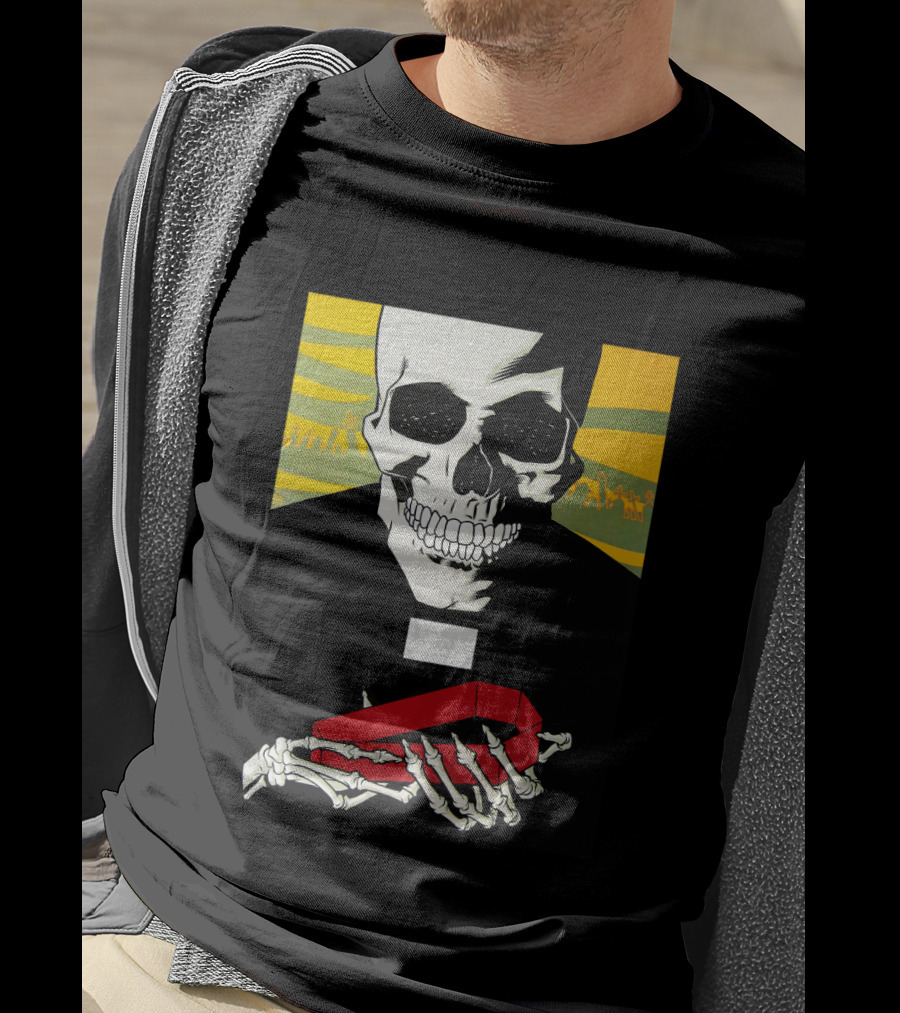 Bold Skeleton With Red Coffin On Striped Yellow T-Shirt