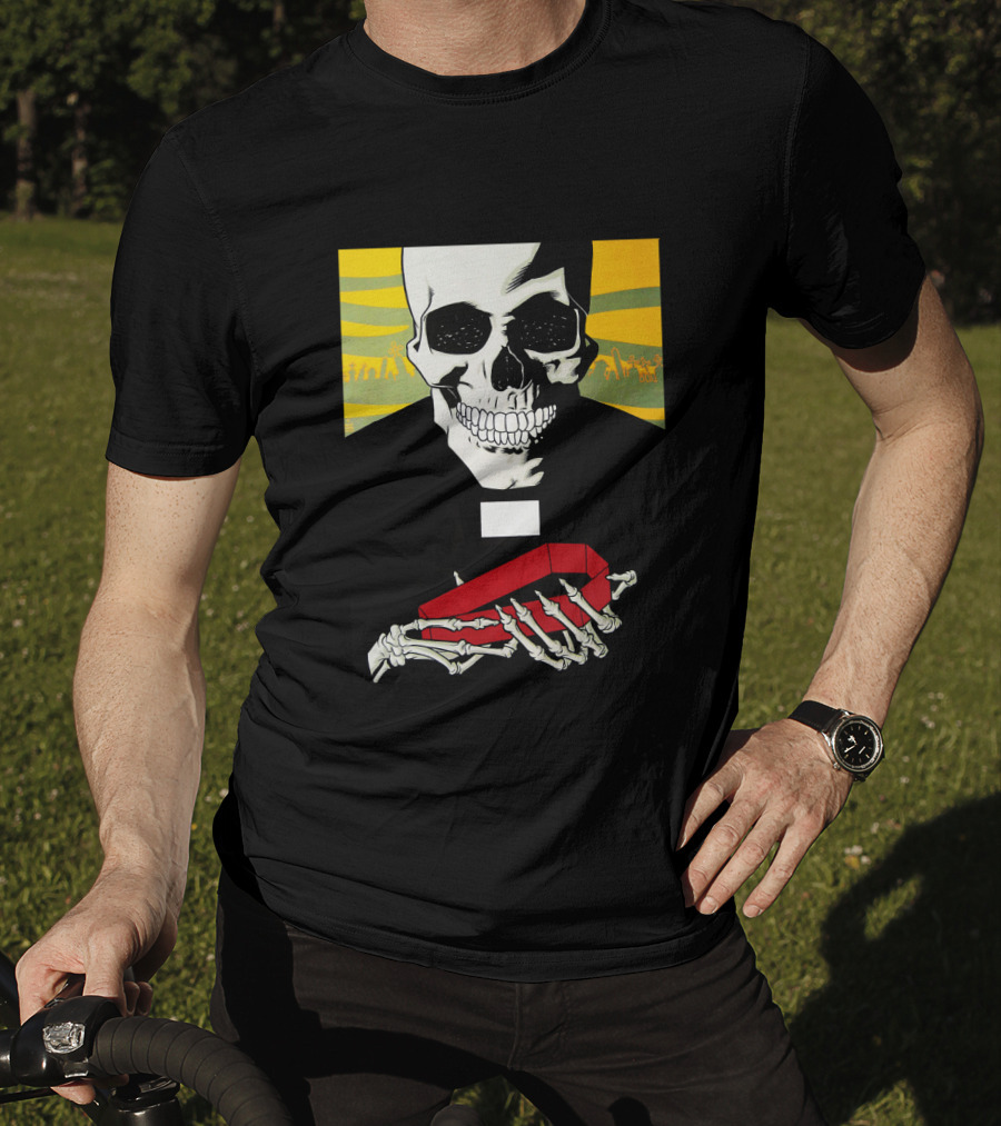 Bold Skeleton With Red Coffin On Striped Yellow T-Shirt