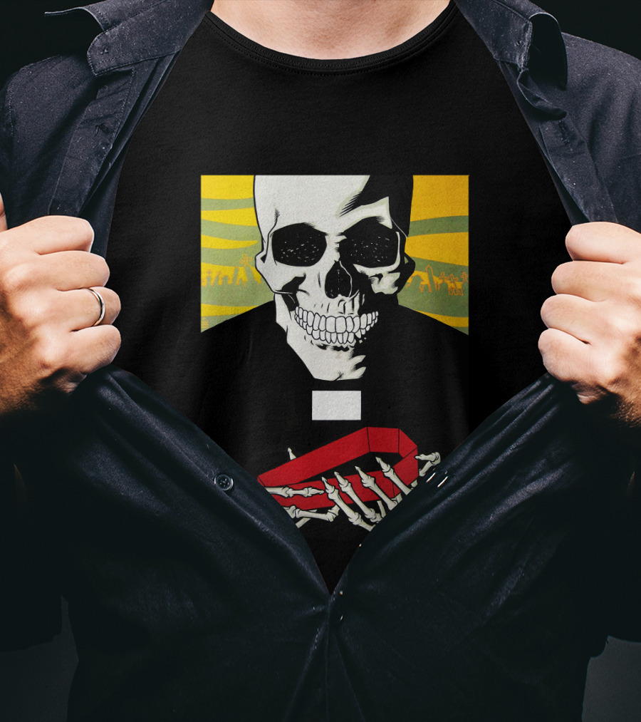 Bold Skeleton With Red Coffin On Striped Yellow T-Shirt