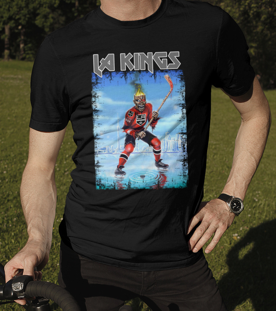 La Kings Fiery Hockey Player With Skyscraper T-Shirt
