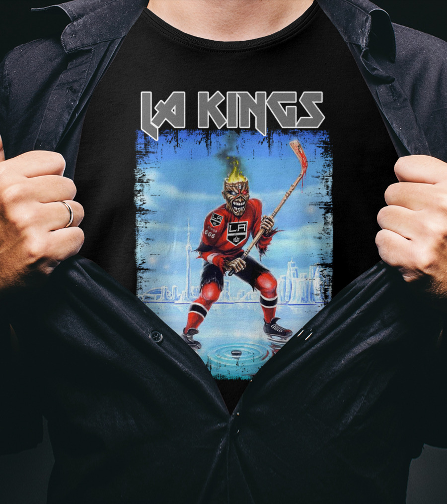 La Kings Fiery Hockey Player With Skyscraper T-Shirt