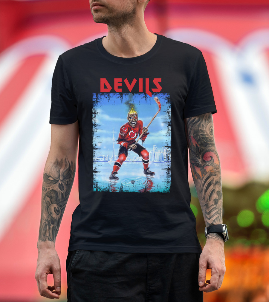 New Jersey Devils Hockey Fiery Demon Skater 666 City Skyline T-Shirt