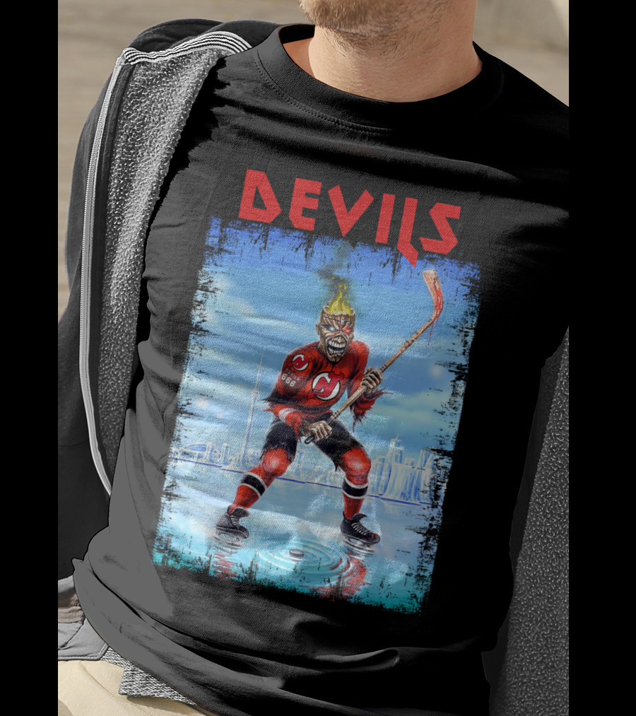 New Jersey Devils Hockey Fiery Demon Skater 666 City Skyline T-Shirt